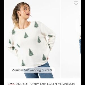 pink lily boutique ONE PINE GAL IVORY AND GREEN CHRISTMAS TREE PRINT SWEATER xs